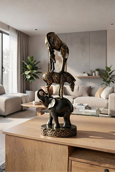 Bahar Aydınlatma Safari Fil Zebra Zürafa Figür Siyah Eskitme Dekoratif Biblo