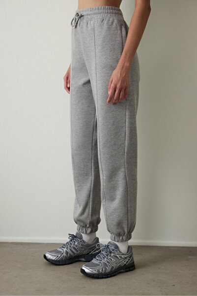 Penti Gri Melanj Orta Bel Çift Dikişli Bağcıklı Oversize Jogger Eşofman Altı