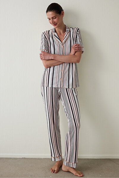 Penti Aging Collagen Striped Shirt Collar Short Sleeve Pajama Set