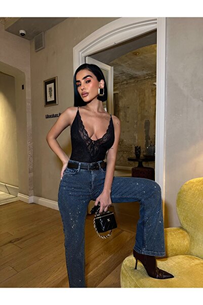 ParlaMira Jean damă palazzo fit talie înaltă cu pietricile