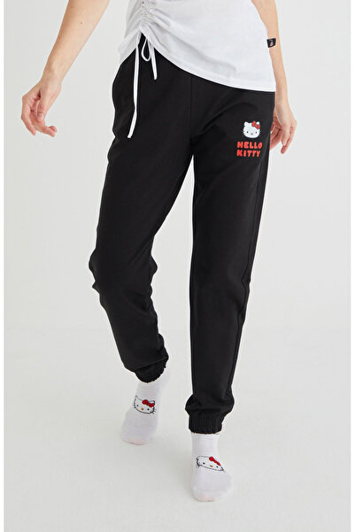 Hello Kitty Lisanslı Baskılı Siyah Pamuk Likralı Eşofman Altı
