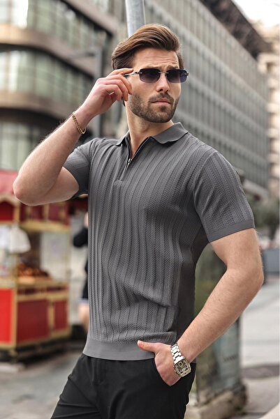 Madmext Anthracite Half Zip Polo Collar Men's Knitwear T-Shirt E7458