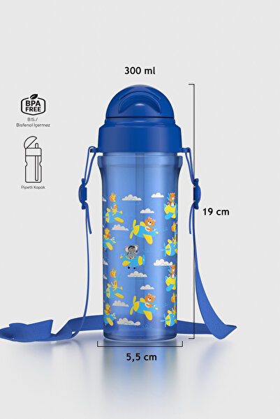 Renga Migo Ayıcık Desenli 300 ml Askılı Pipetli PP Bebek Suluk 912013 Mavi