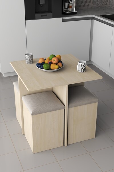 PROMODÜL 4 Tabureli Fonksiyonel Yemek Masası Takımı - Depolama Alanlı | Ceviz...