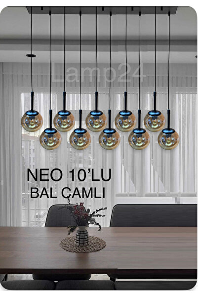 Lamp24 NEO SERİSİ 10’LU BAL GLOP CAMLI YEMEK MASASI AVİZESİ