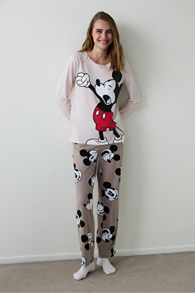 Penti Bej Mickey Mouse Baskılı Bisiklet Yaka Pamuklu Uzun Kollu Pijama Takımı