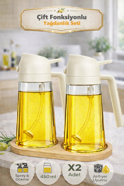 2-Piece Bamboo Stand Dual Function Glass Lubricator 450ml Spray Bulk Oil Bottle Airfryer Oil Bottle