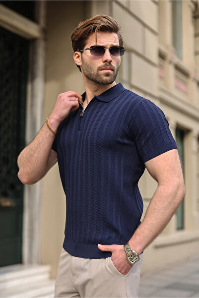 Madmext Lacivert Yarım Fermuarlı Polo Yaka Erkek Triko Tişört E7458