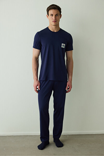 Penti Navy Blue Never Men's Slogan Printed Short Sleeve Cotton Pajama Set