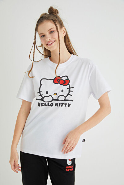 Hello Kitty Lisanslı Baskılı Basic Beyaz T-shirt Relaxed
