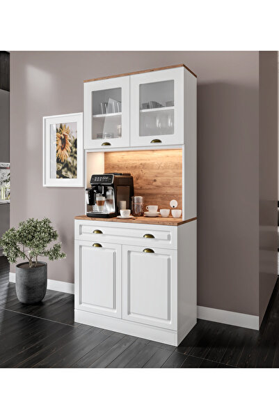 GuneyStore Gözde 2 Kapaklı Kahve Köşesi – 93 cm MDF, LED Aydınlatmalı, Çok Amaçlı Mutfak ve Airfryer Dolabı