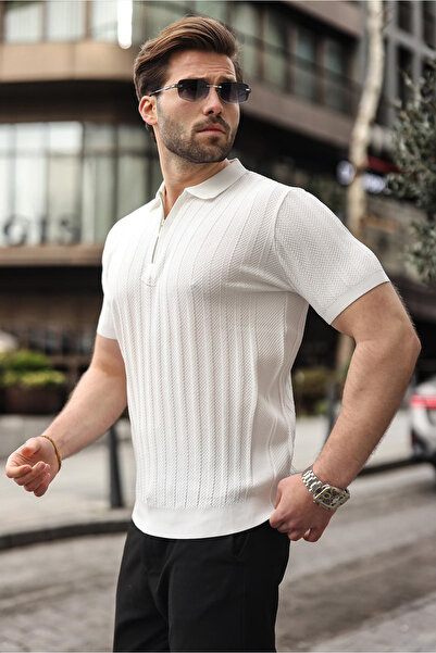 Madmext White Half Zip Polo Neck Men's Knitwear T-Shirt E7458