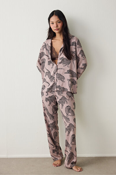 Penti Dark Beige Eva Tiger Print Shirt Collar Pajama Set