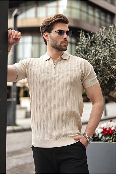Madmext Ανδρικό πλεκτό μπλουζάκι με μισό φερμουάρ σε χρώμα πέτρας E7458