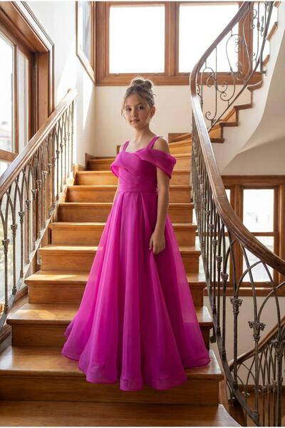 BUTİKHAPPYKİDS فستان سهرة طويل للفتيات بتصميم أنيق وعصري من الشيفون بتفاصيل م...