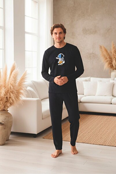 PİJART Σετ ανδρικών πιτζάμες με μακρυμάνικο βαμβακερό μπλε ναυτικό σχέδιο Ast...