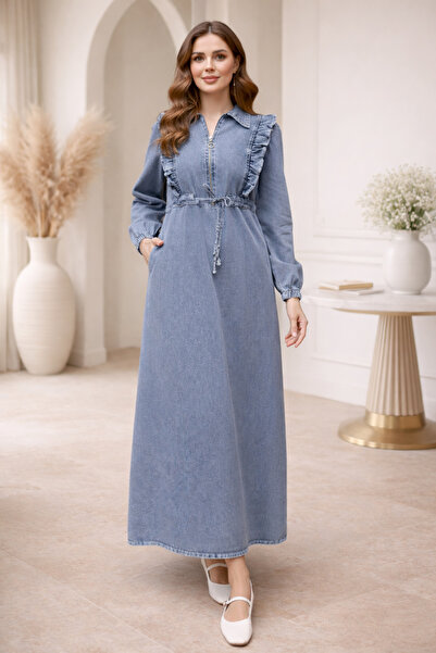 benguen 6808 Džínové šaty s detailním volánem Modré