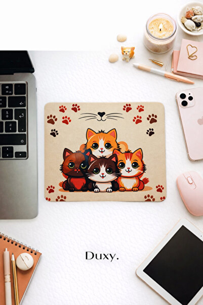 Duxy Kedi Desenli Mouse Pad, 23x19 cm, Kaymaz Taban, Ev, Ofis ve Oyun için Ra...