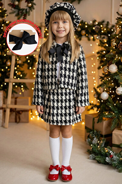 Parla Kids طقم سترة وتنورة منقوشة باللونين الأسود والأبيض للفتيات مع قبعة وبا...