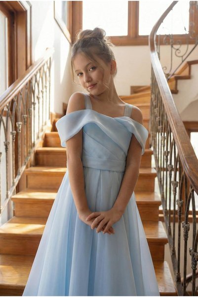 BUTİKHAPPYKİDS Girl's Strap Off Shoulder Detailed Chiffon Elegant and Stylish Design Princess Model Long Evening Dress 8-15