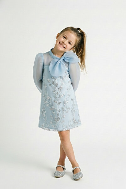 She Dress By Kubra Aksoy Kız Çocuk Mavi Abiye Elbise – Payet İşlemeli, Fiyonk...