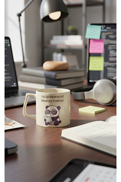 Eylül Design Krem Rengi Pandalı Çalışıyorum Rahatsız Etmeyin Yazılı Özel Tasa...