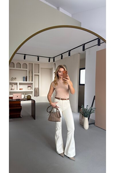 Sezgi Tekin Премиум серия еластични кремави дънки с испански крачоли