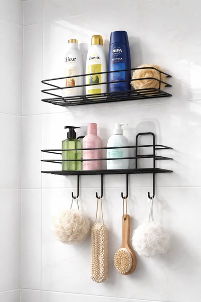 TncPatiShop Adhesive 4-Piece Hook Bathroom Kitchen Shelf 2-Piece Bathroom Shower Wall Organizer Organizer Shelf Black