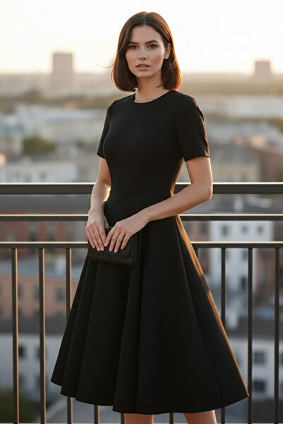 Mossta Kısa Kollu Kloş Krep Elbise