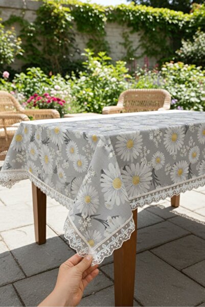 Rona Home Lüks Gri Papatya Desenli Masa Örtüsü Dantel Detaylı, Şık ve Zarif T...