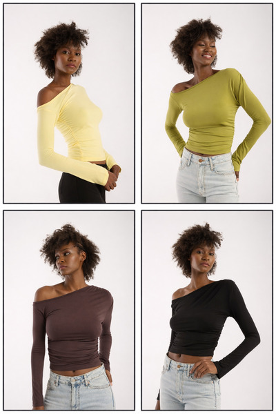 FOORS Women's Off-The-Shoulder Gathered Detailed 4-Piece Crop Blouse