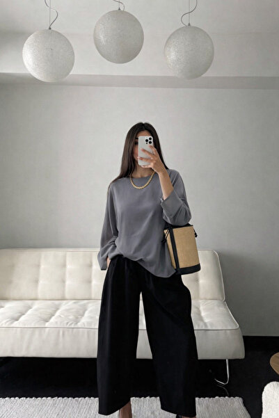 oshebu Gray-Women's Crew Neck Wide Sleeve Blouse