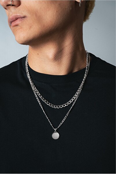 UKHWD SUPPLY İki Zincir Çelik Minimal Madalyon Kolye