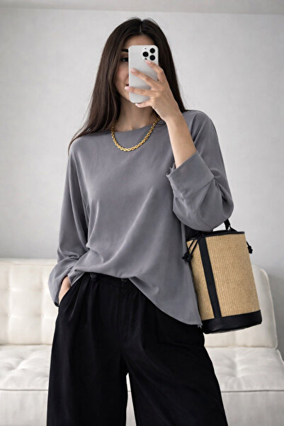 oshebu Gray-Women's Crew Neck Wide Sleeve Blouse