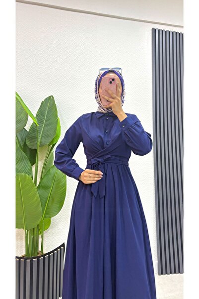 BURCU TESETTÜR Μακρύ φόρεμα χιτζάμπ με μισά κουμπιά και αυτοδετική ζώνη 1150