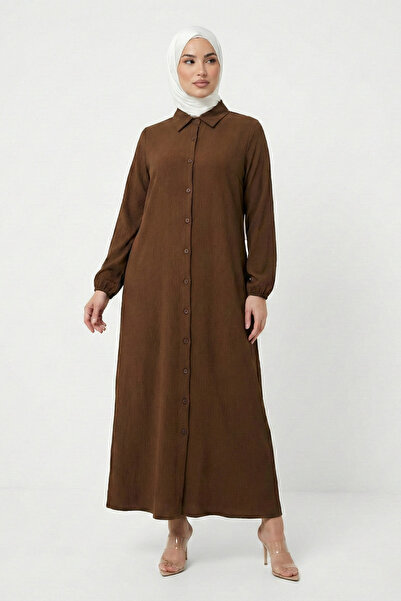 Talvien Kadın Bürümcük Kumaş Boydan Düğmeli Tesettüre Uygun Uzun Elbise