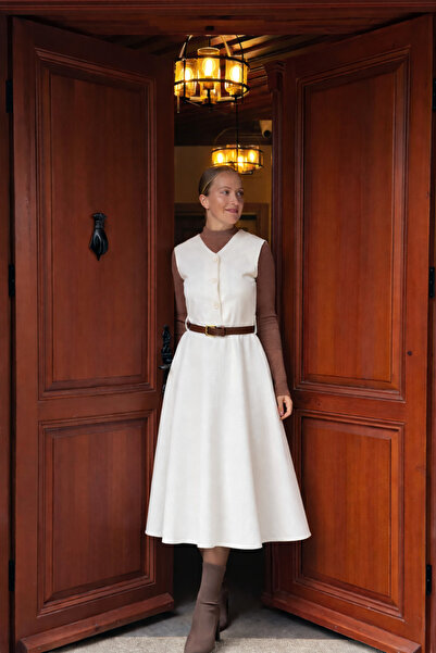 LADYA COLLECTION Beyaz Fitilli Kadife Viola Elbise