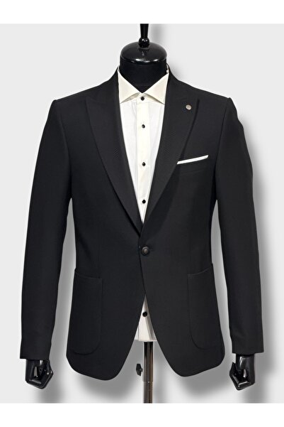 KAMER Men's 6 Drop Single Button Pointed Collar Fishbone Black Jacket 1657S