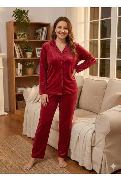 Asel Red Color Buttoned Women's Velvet Pajama Set