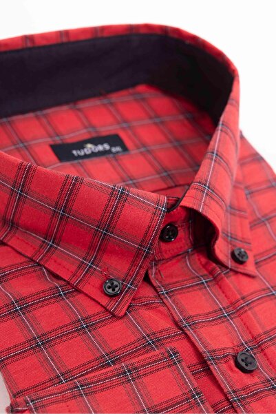 Tudors Long Sleeve Plaid Large Size Men's Shirt - Buttoned Collar