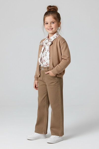 Eray Kids Girl's Boucle Cardigan, Floral Blouse, Wide-Legged Trousers, 3-Piec...