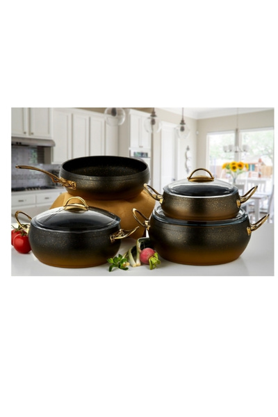LAVONNI Caldora 7 Piece Granite Casserole Cookware Set with Black Gold Handle...