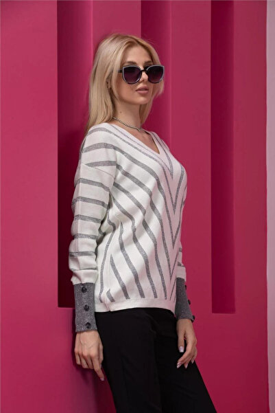 Moda Days Pulover de damă cu decolteu în V cu sclipici alb