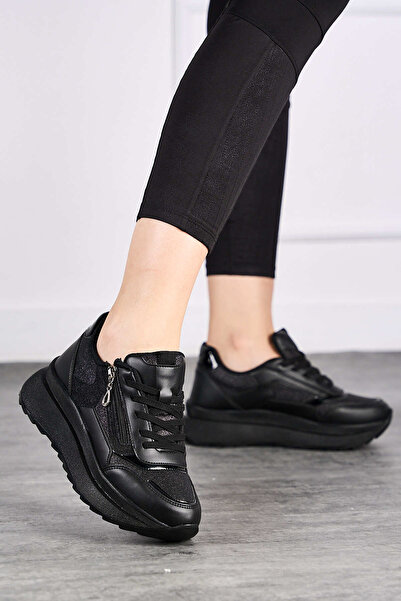 Nstil حذاء رياضي نسائي كاجوال باللون الأسود مزين بالترتر ورباط وسحاب وخفيف ال...