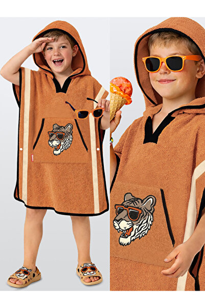 Denokids Kiremit Tiger Boys' Poncho Bathrobe