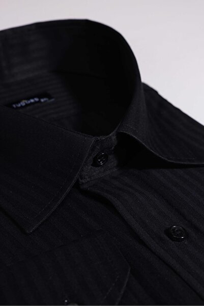 Tudors قميص رجالي أسود كبير الحجم بأكمام طويلة وربطة عنق حديدية سهلة