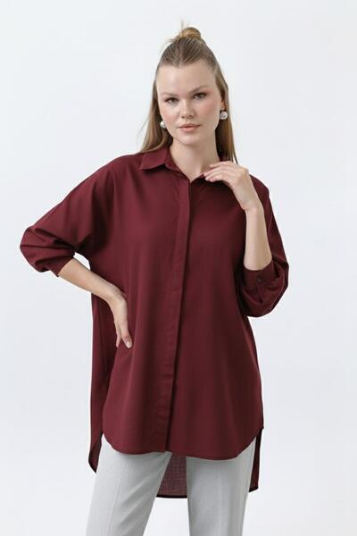 Loreen Women's Flounced Oversized Cotton Poplin Shirt-20665Gml - Burgundy