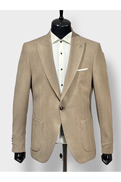 KAMER Men's 6 Drop Single Button Pointed Collar Fishbone Beige Jacket 1657E