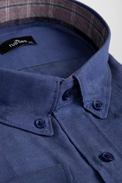 Tudors Férfi nagy méretű, nagy méretű - egyzsebű indigó ing, hosszú ujjú és g...