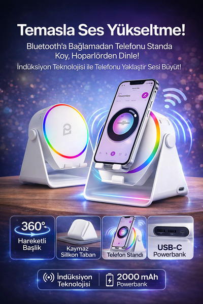 nelerbulurum İNDÜKSİYONLU VE BLUETOOTH HOPARLÖR TELEFON STANDLI RGB IŞIKLI SP...